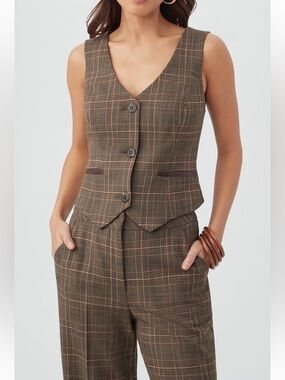 NWT Trina Turk Kof Plaid V-Neck Vest Brown Multi Sz 4